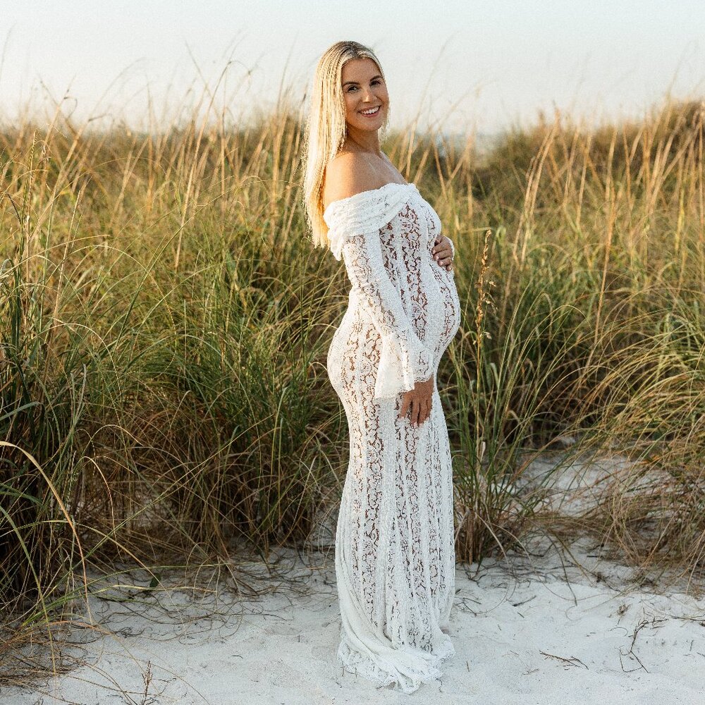 Elegant Off-Shoulder White Lace Maternity Maxi Dress
